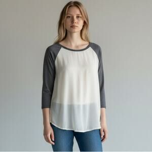 Express Womens Large Gray Cream Sheer Front Top 3/4 Sleeve Hi Low Blouse